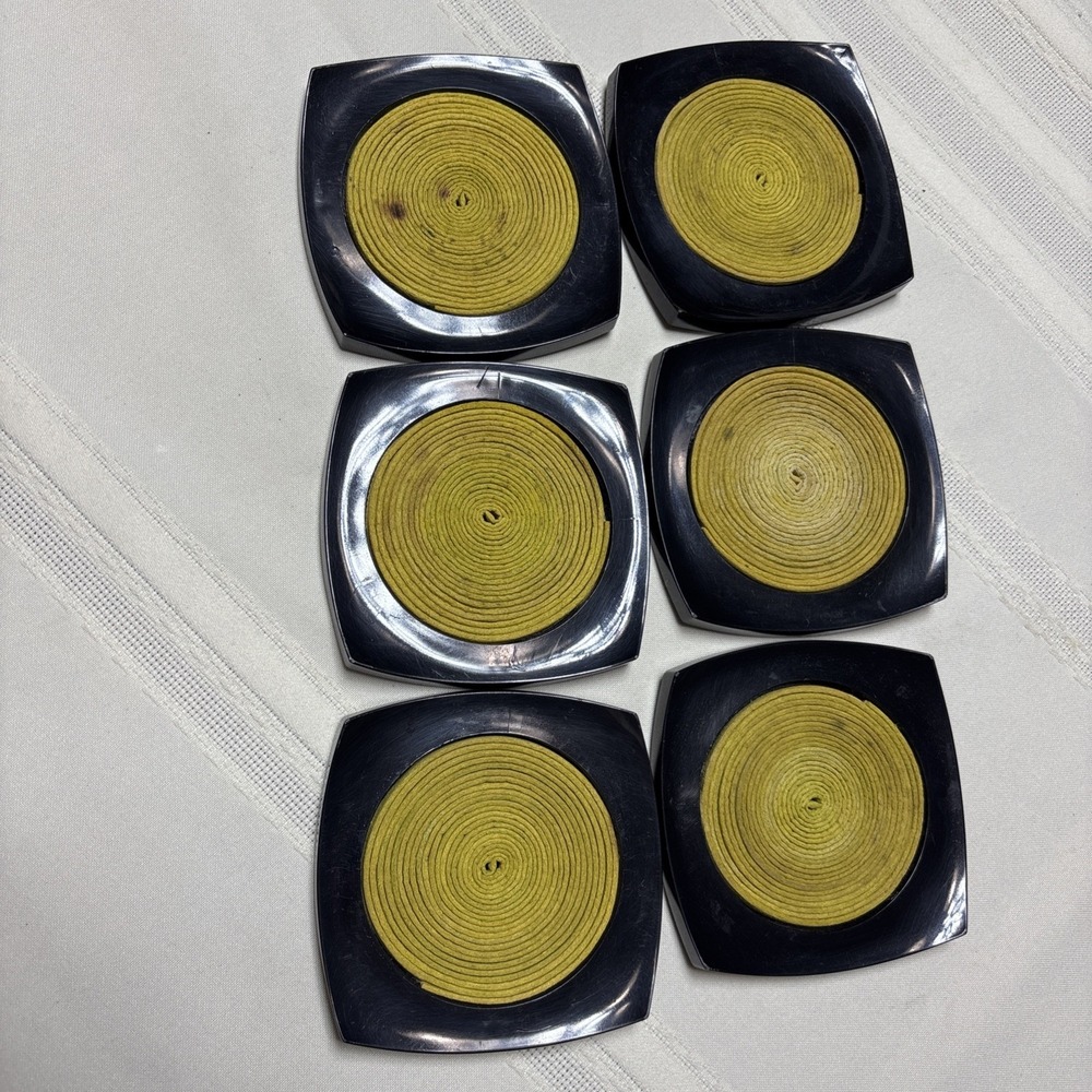 Vintage MCM Mid Century Set of 6 Plastic Drink Coasters Black Yellow